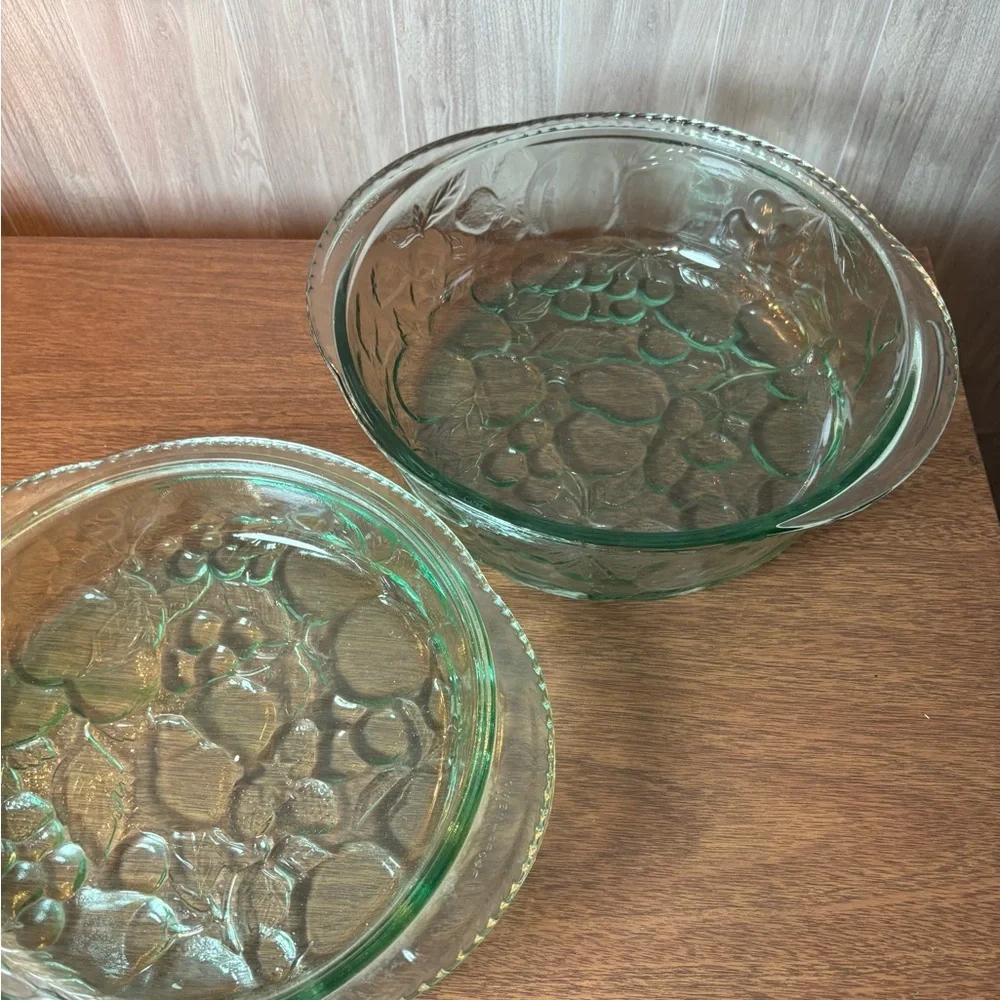 Vintage Libby Orchard Fruit Green Glass Covered Casserole Dish Lid Pie Baking